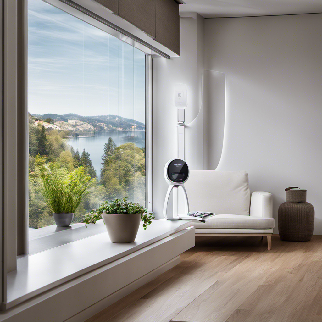 An image showcasing the innovative Ecovacs Winbot in action: a robotic device gliding effortlessly across a spotless window, its suction cup technology effortlessly cleaning glass, while sensors ensure a precise and thorough cleaning experience