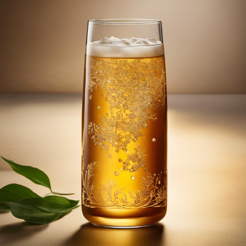 An image of a glass filled with vibrant, effervescent kombucha, adorned with tea leaves and a small alcohol molecule