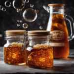 An image depicting a glass jar filled with sweetened tea, a SCOBY (Symbiotic Culture of Bacteria and Yeast) floating on the surface, and a swirling pattern of bubbles, showcasing the fermenting process of Kombucha tea