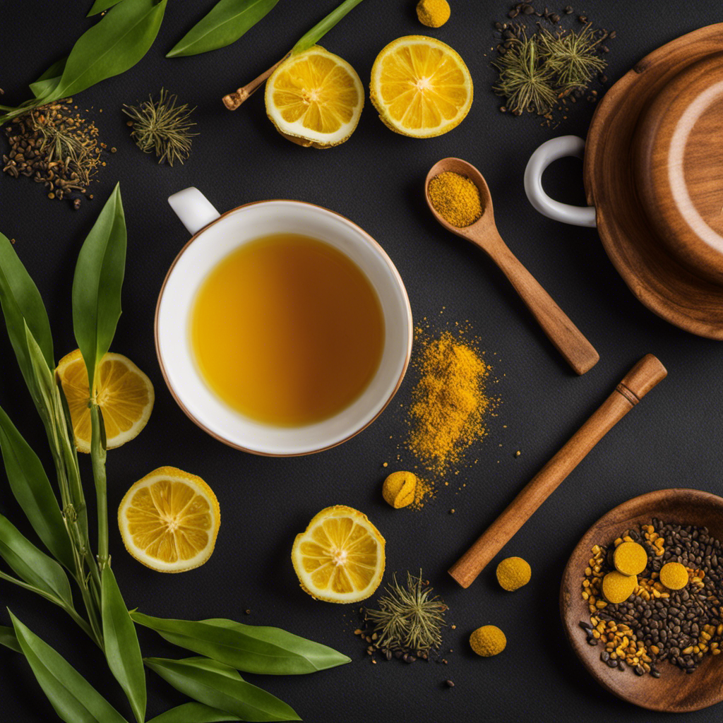 An image showcasing a steaming cup of aromatic turmeric tea, beautifully garnished with a slice of lemon and a sprinkle of black pepper