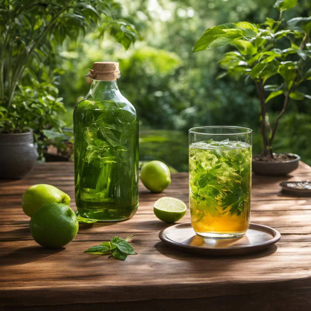 An image showcasing a serene setting of a lush green garden, with a glass of refreshing kombucha tea placed on a wooden table