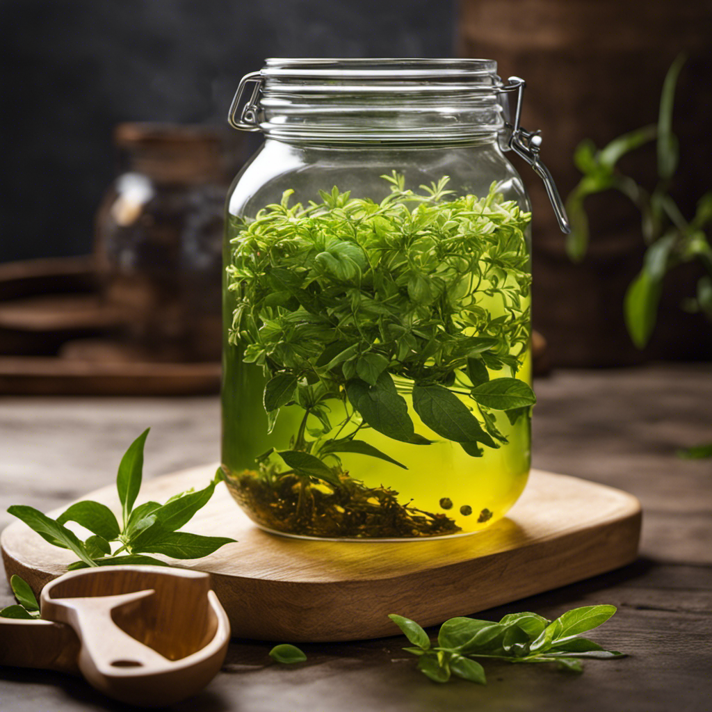 An image depicting the intricate process of brewing Kombucha tea: vibrant green tea leaves steeping in a glass jar, a floating SCOBY, bubbles rising, and a spigot pouring the fermented tea into a glass