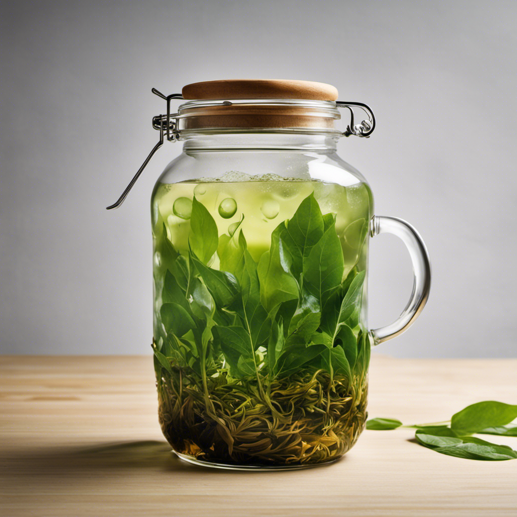 An image depicting the intricate process of brewing Kombucha tea: vibrant green tea leaves steeping in a glass jar, a floating SCOBY, bubbles rising, and a spigot pouring the fermented tea into a glass