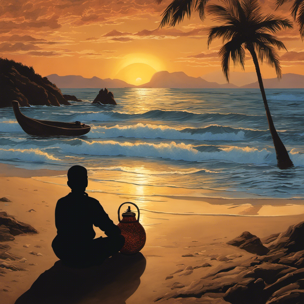 An image depicting a tranquil dusk scene, with a silhouette of a relaxed individual sitting on a beach, sipping from a traditional yerba mate gourd, as the sun sets on the horizon