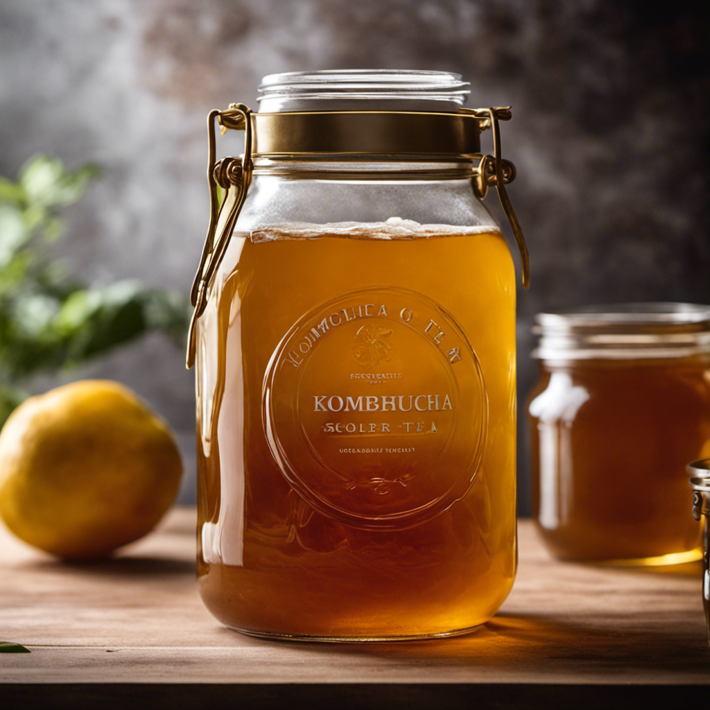 An image showcasing a clear glass jar filled with homemade kombucha tea, where a thick, healthy SCOBY floats on the surface, as the golden liquid brews for an extended period, capturing the essence of patience and fermentation