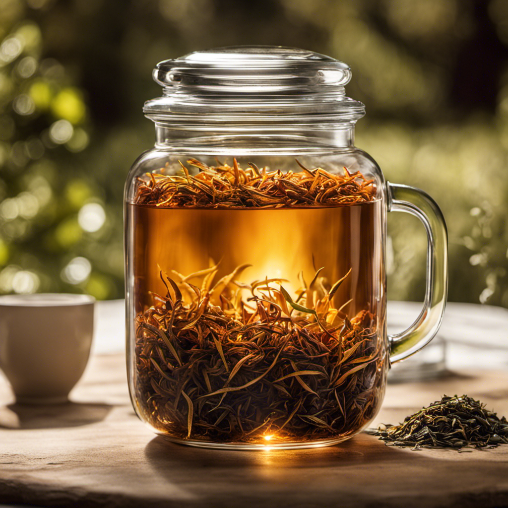 An image showcasing a clear glass jar filled with warm, amber-hued tea leaves gently infusing in filtered water