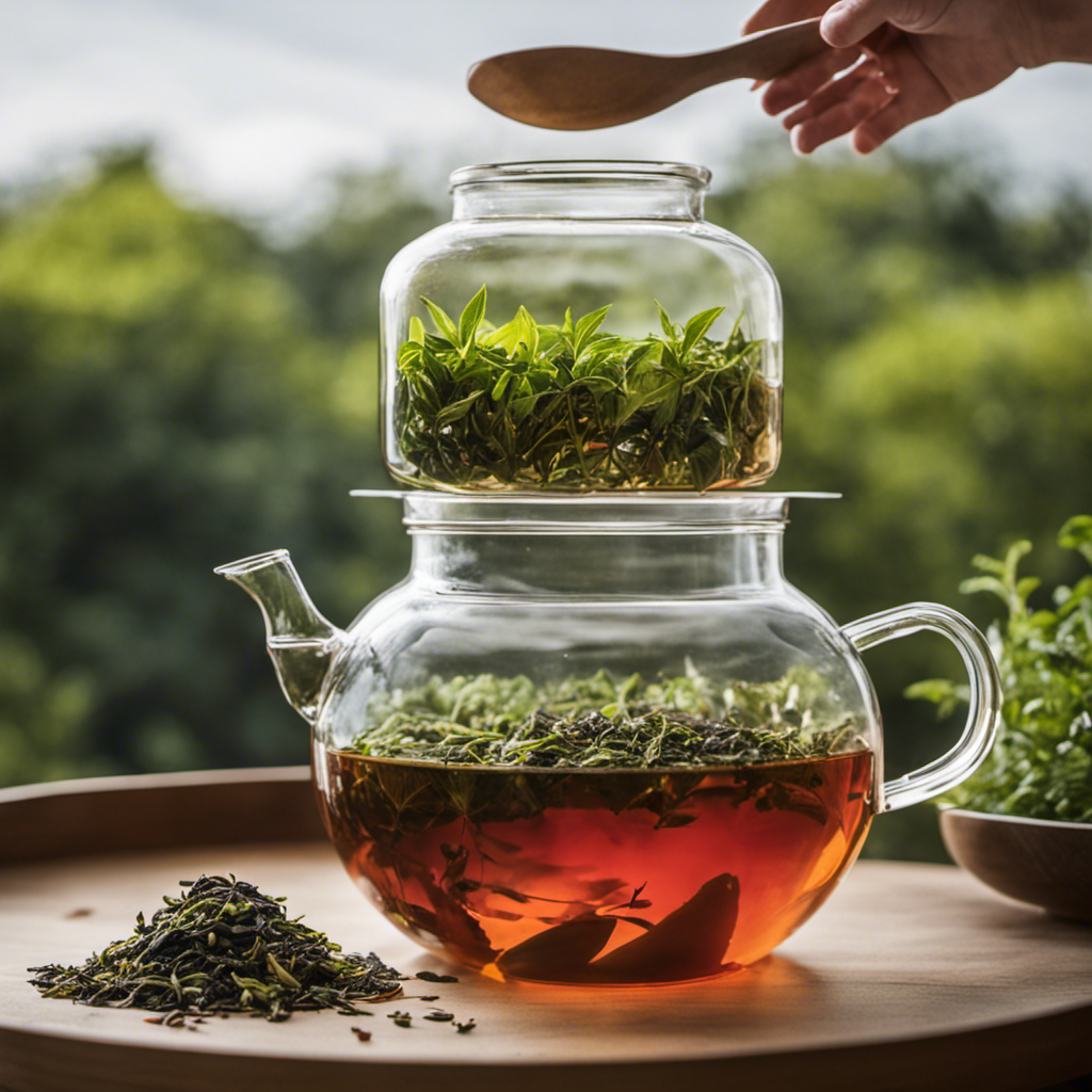 An image showcasing a glass jar filled with tea leaves, immersed in hot water, as steam rises gently