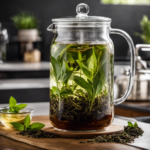 An image showcasing a glass jar filled with loose tea leaves submerged in hot water, steeping for the perfect amount of time to brew kombucha