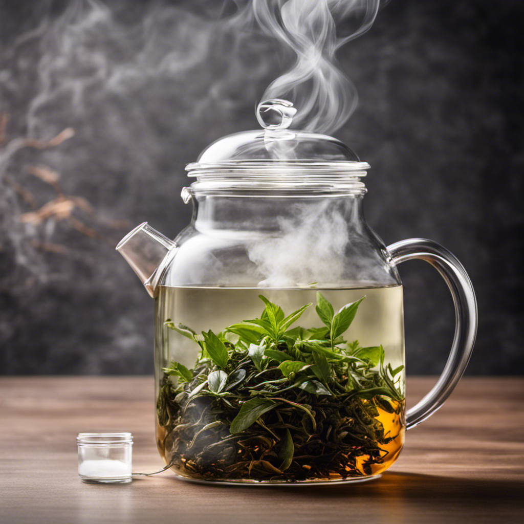 An image showcasing a glass jar filled with loose tea leaves immersed in hot water, accompanied by a timer placed nearby