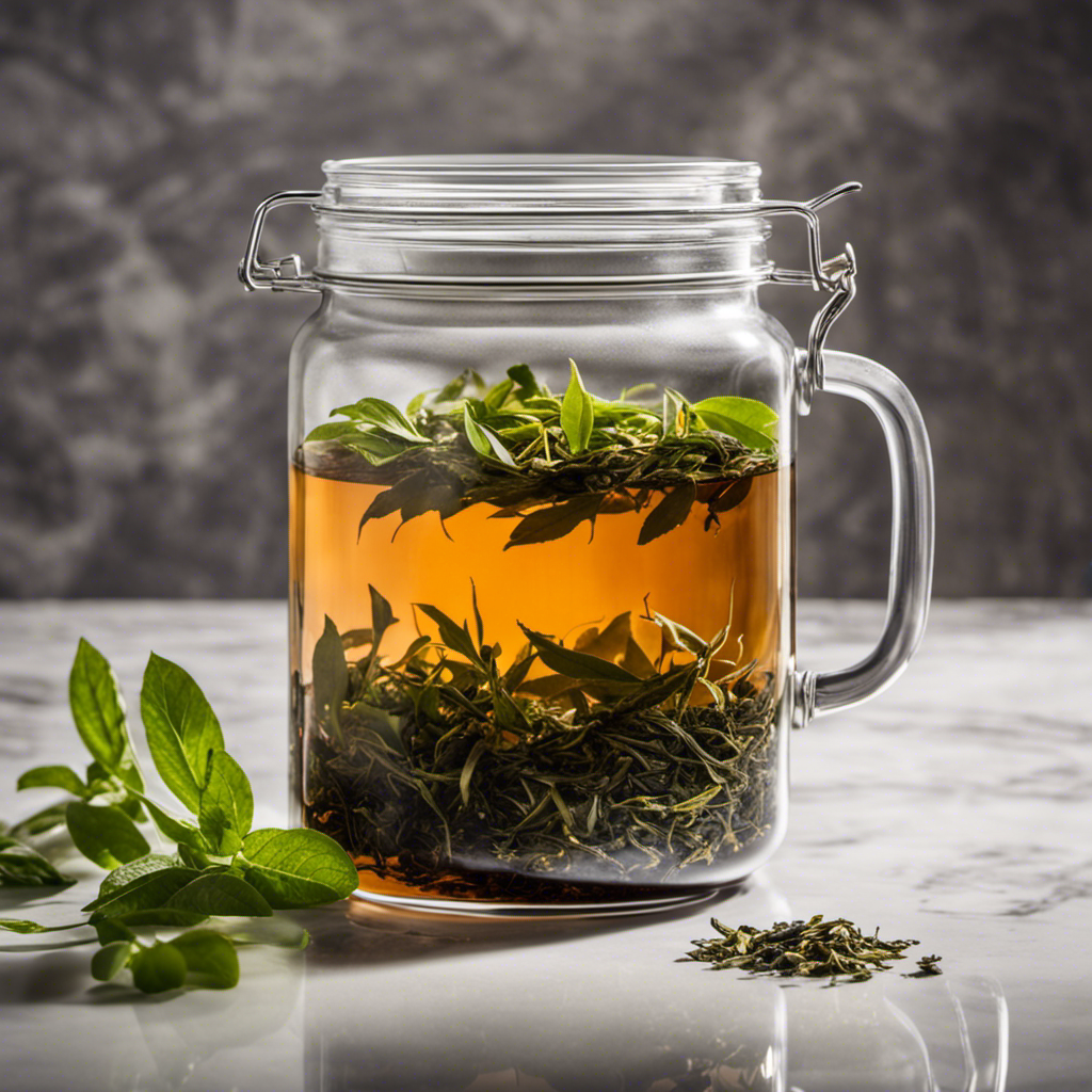 An image showcasing a glass jar filled with loose tea leaves immersed in hot water, accompanied by a timer placed nearby