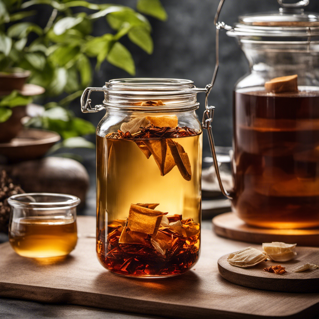 An image showcasing a glass jar filled with amber-colored liquid, tea bags gently submerged inside, exuding a faint aroma
