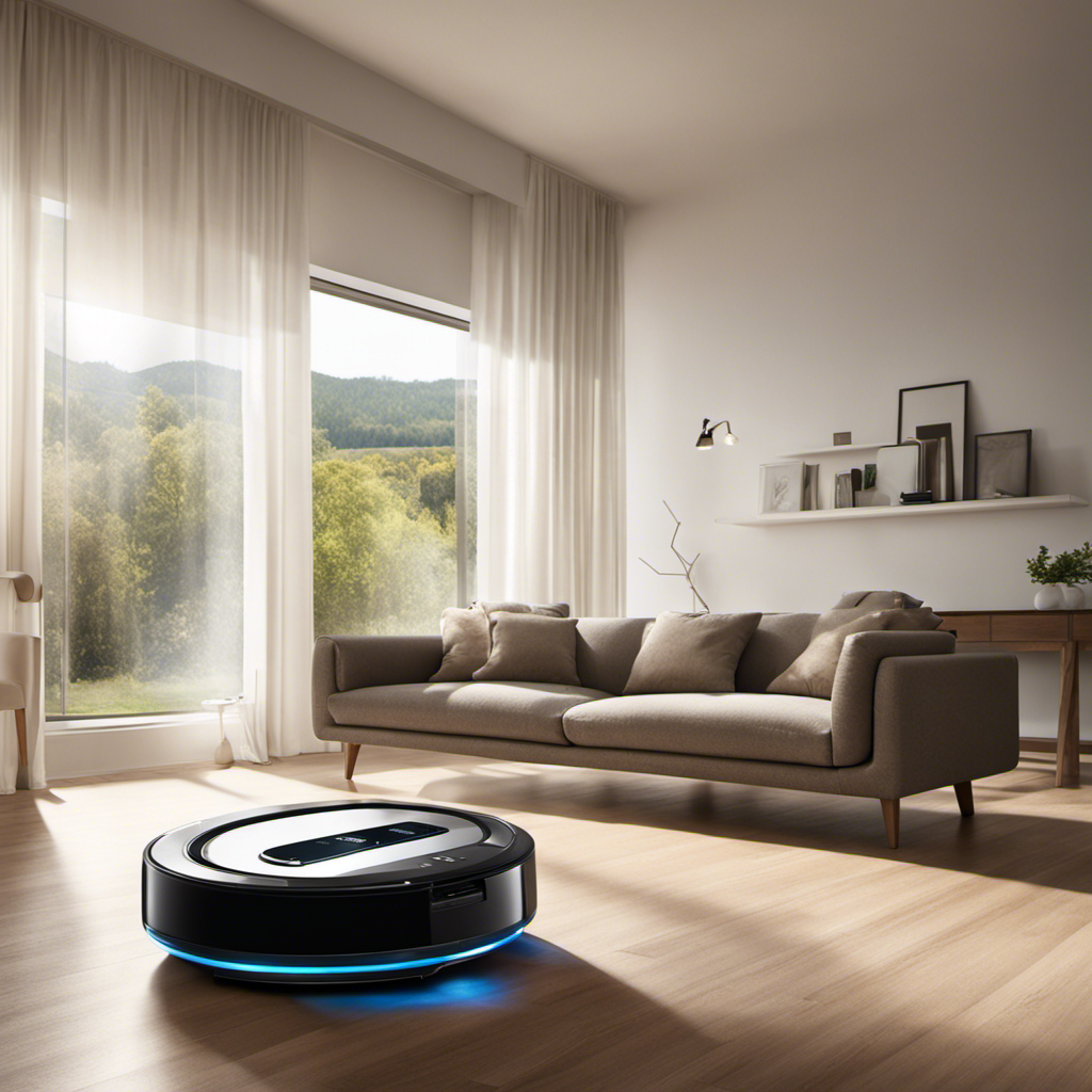 An image depicting a serene living room with sunlight streaming through the partially opened curtains, showcasing an Ecovacs robotic vacuum gliding effortlessly across a spotless floor, capturing the essence of efficiency and speed