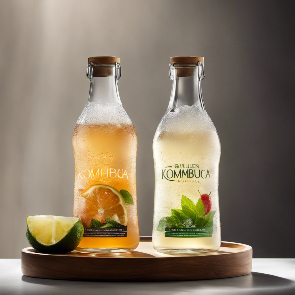 An image that showcases a clear glass bottle of kombucha tea, sitting on a sleek refrigerator shelf