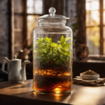 An image showcasing a glass jar filled with brewed tea, adorned with a mesh cloth secured by a rubber band
