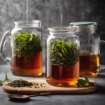 An image showcasing a glass jar filled with tea leaves steeping in water, gently releasing its flavors, while a timer sits nearby, indicating the precise duration needed for the perfect kombucha infusion