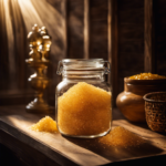 An image showcasing a glass jar filled with golden turbinado sugar, sitting on a rustic wooden shelf