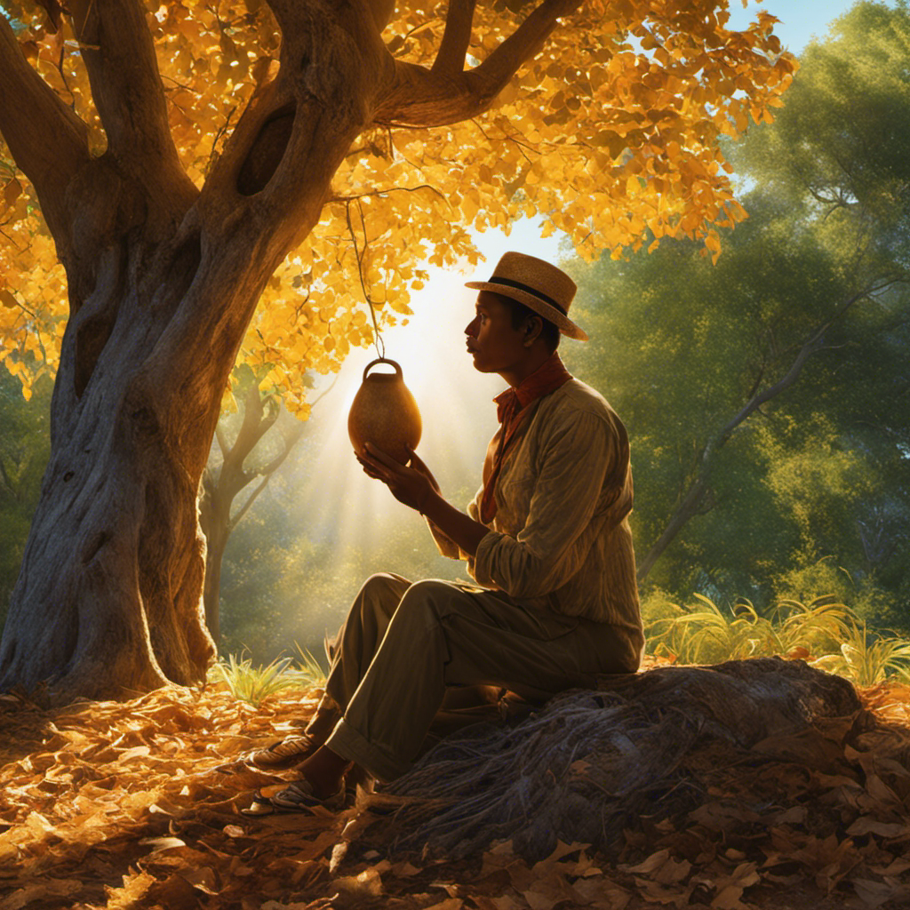 An image of a person sitting outdoors, sipping yerba mate from a gourd, as the warm sunlight filters through the leaves of a tree, casting dappled shadows on their contented face