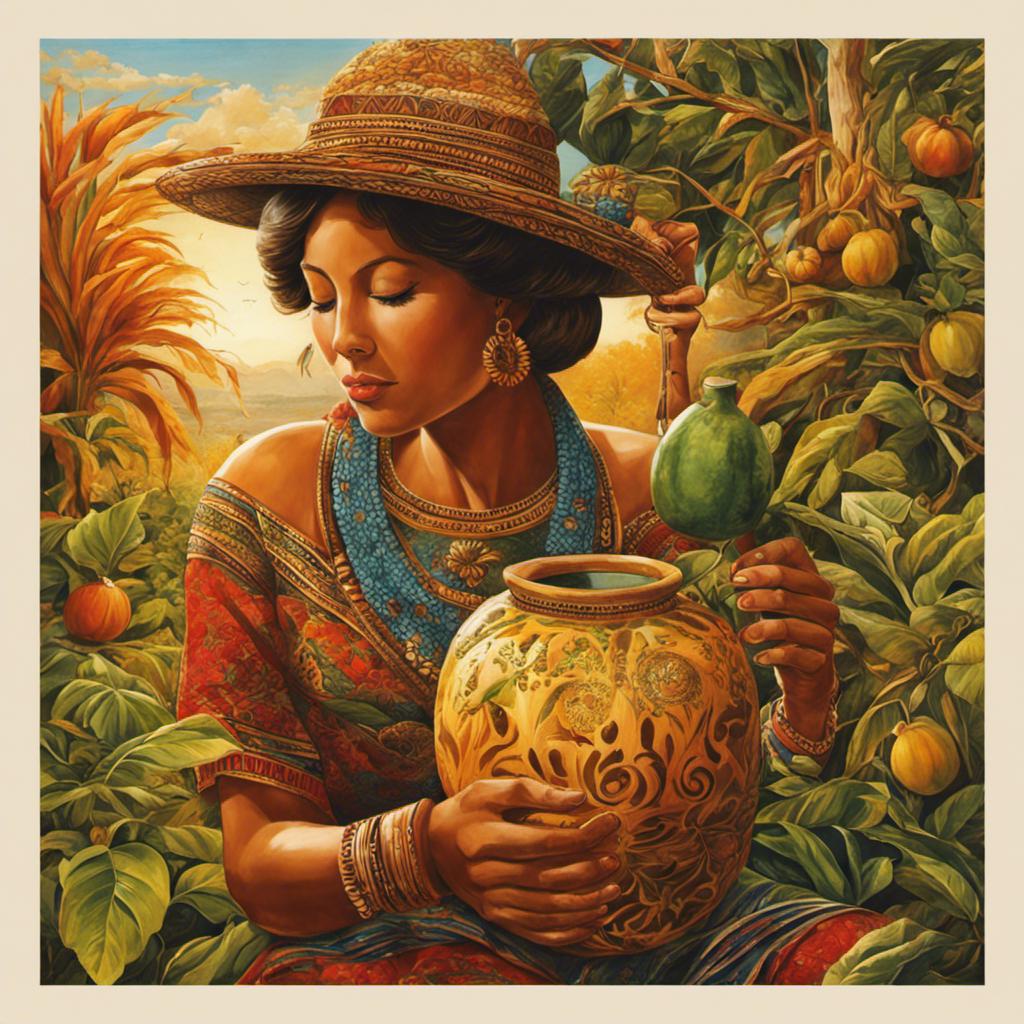 An image depicting a serene outdoor scene with a person sipping yerba mate from a gourd, showcasing their content expression as the energizing effects of the drink gradually envelop them, evident through their brightened eyes and invigorated posture