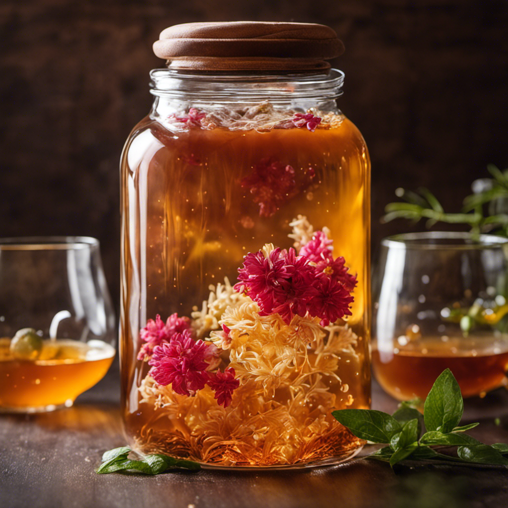 An image showcasing a glass jar filled with rich, amber-colored tea, infused with a vibrant Kombucha SCOBY, floating gracefully amidst delicate bubbles
