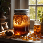 An image of a sturdy glass jar filled with amber-hued kombucha, surrounded by clusters of scobys floating on the surface, patiently brewing as dappled sunlight filters through a nearby window