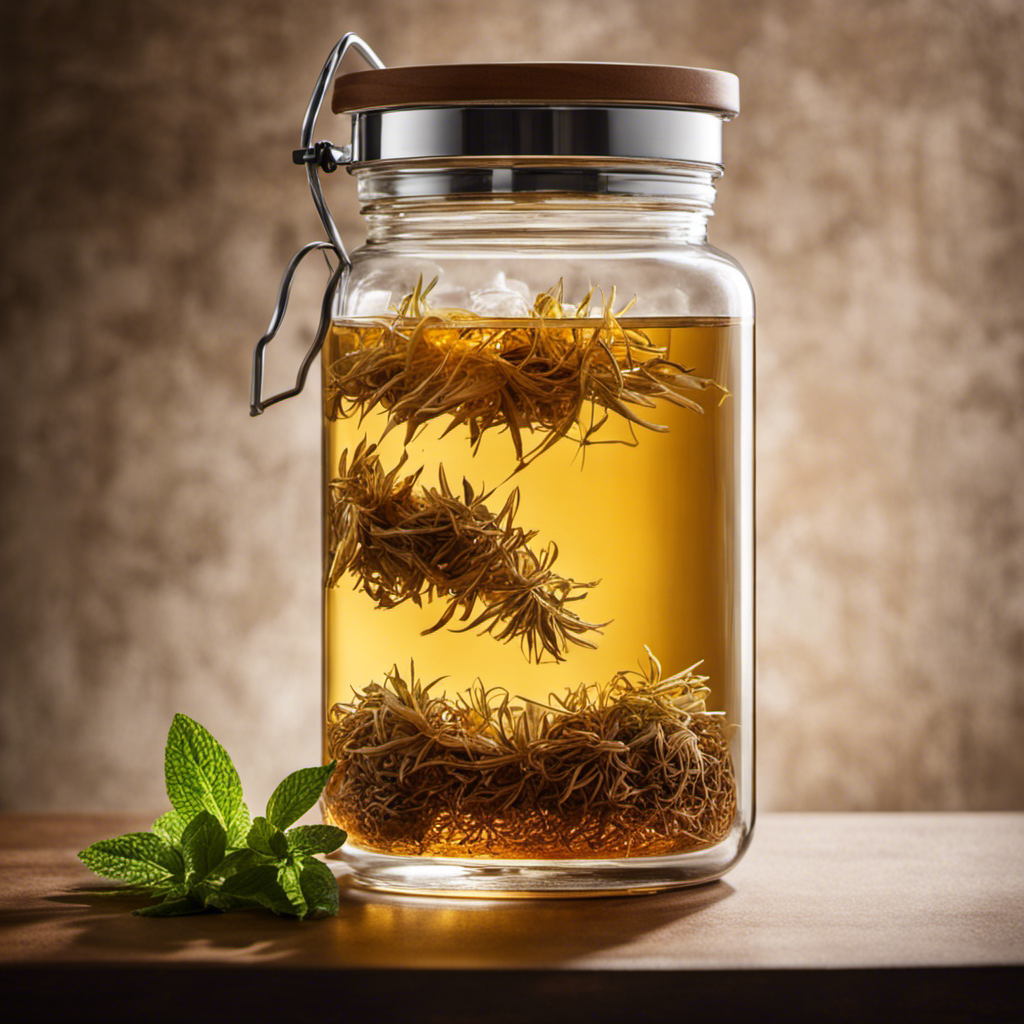 An image showcasing a glass jar filled with golden-hued kombucha, a floating tea infuser releasing tendrils of flavor, and a timer nearby, emphasizing precision and the art of steeping