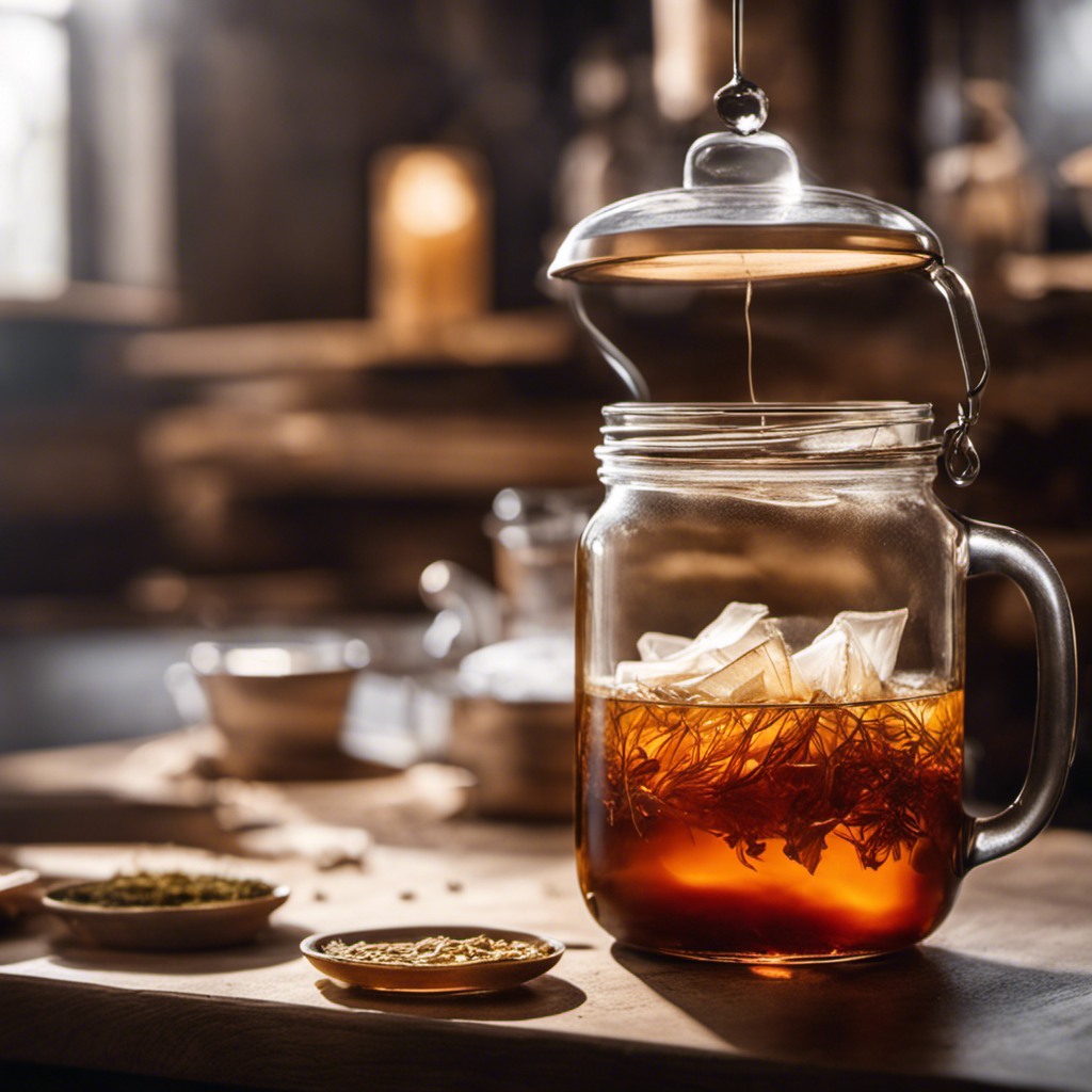 -up shot of a glass jar filled with amber-hued kombucha brewing, with tea bags submerged halfway, surrounded by delicate wisps of steam rising from the surface