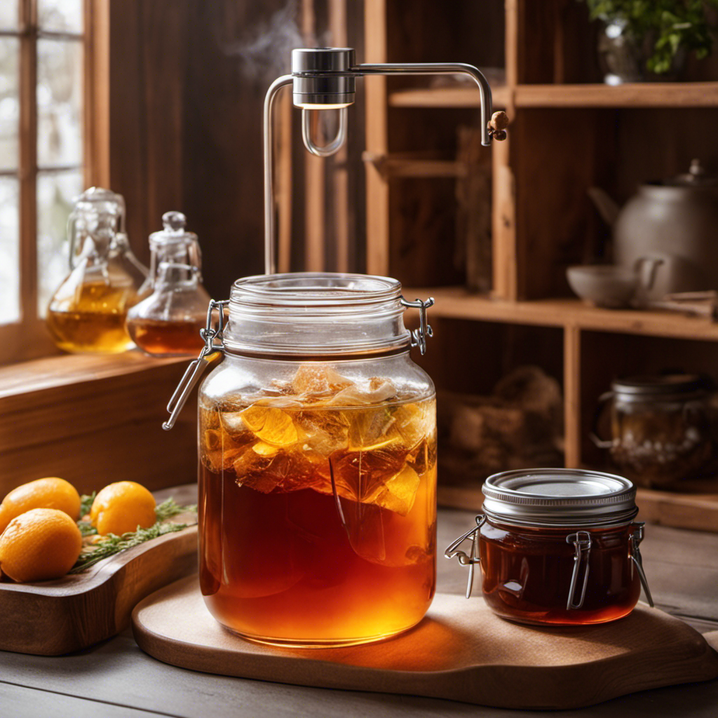 An image showcasing a glass jar filled with amber-colored kombucha tea, surrounded by a cozy, well-lit space
