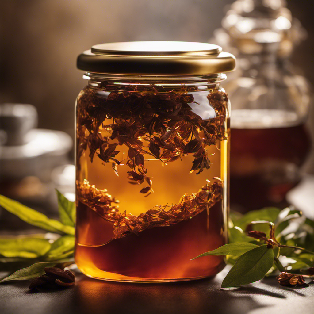 -up shot of a glass jar filled with amber-colored liquid, surrounded by a cluster of tea leaves, a SCOBY floating on the surface, and a timer displaying the hours counting down