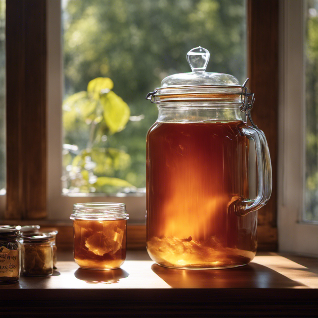 An image showcasing a glass jar filled with sweetened tea and a floating SCOBY, gently illuminated by sunlight streaming through a nearby window