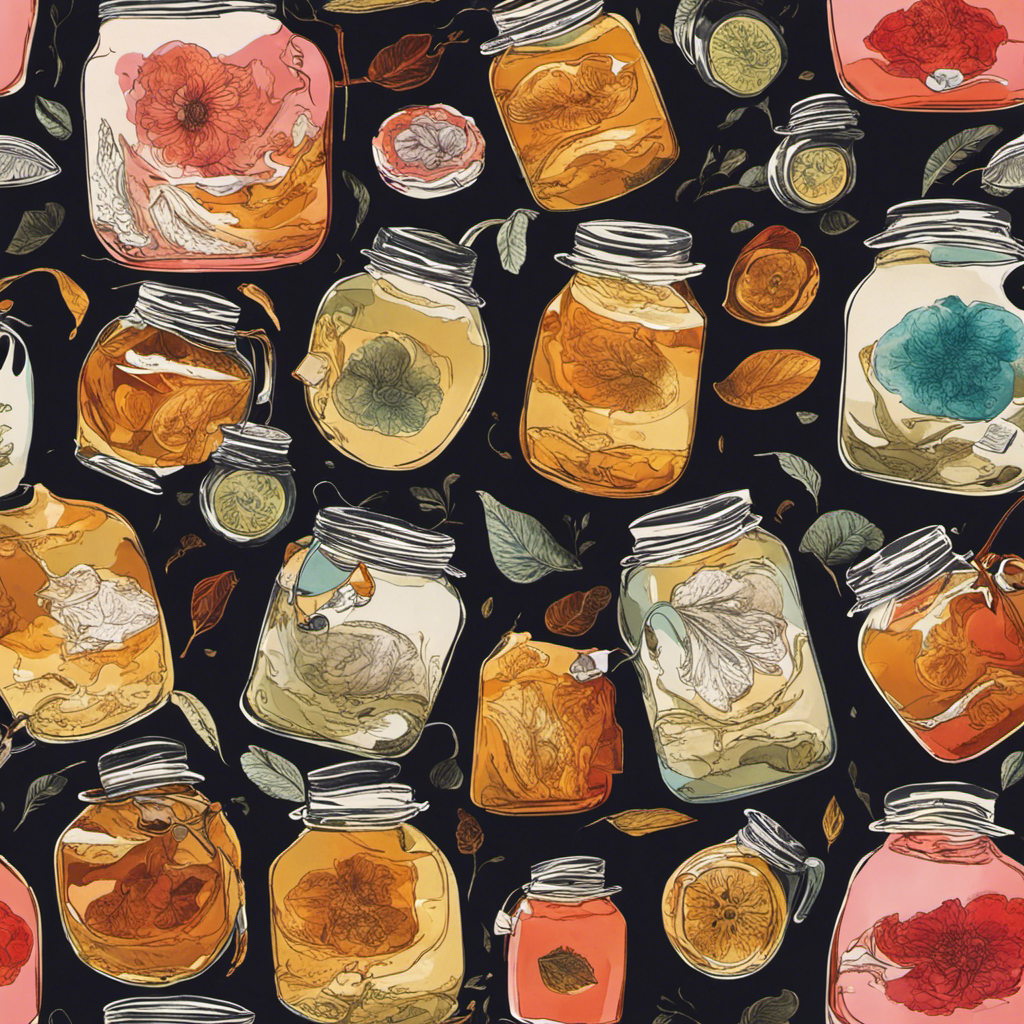An image capturing the process of steeping tea bags in a jar of kombucha: A hand gently lowers a tea bag into the liquid, releasing swirls of color as the bag becomes fully immersed