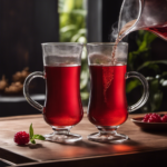 An image capturing the precise moment when steam delicately rises from a vibrant, ruby-hued glass of freshly brewed tea