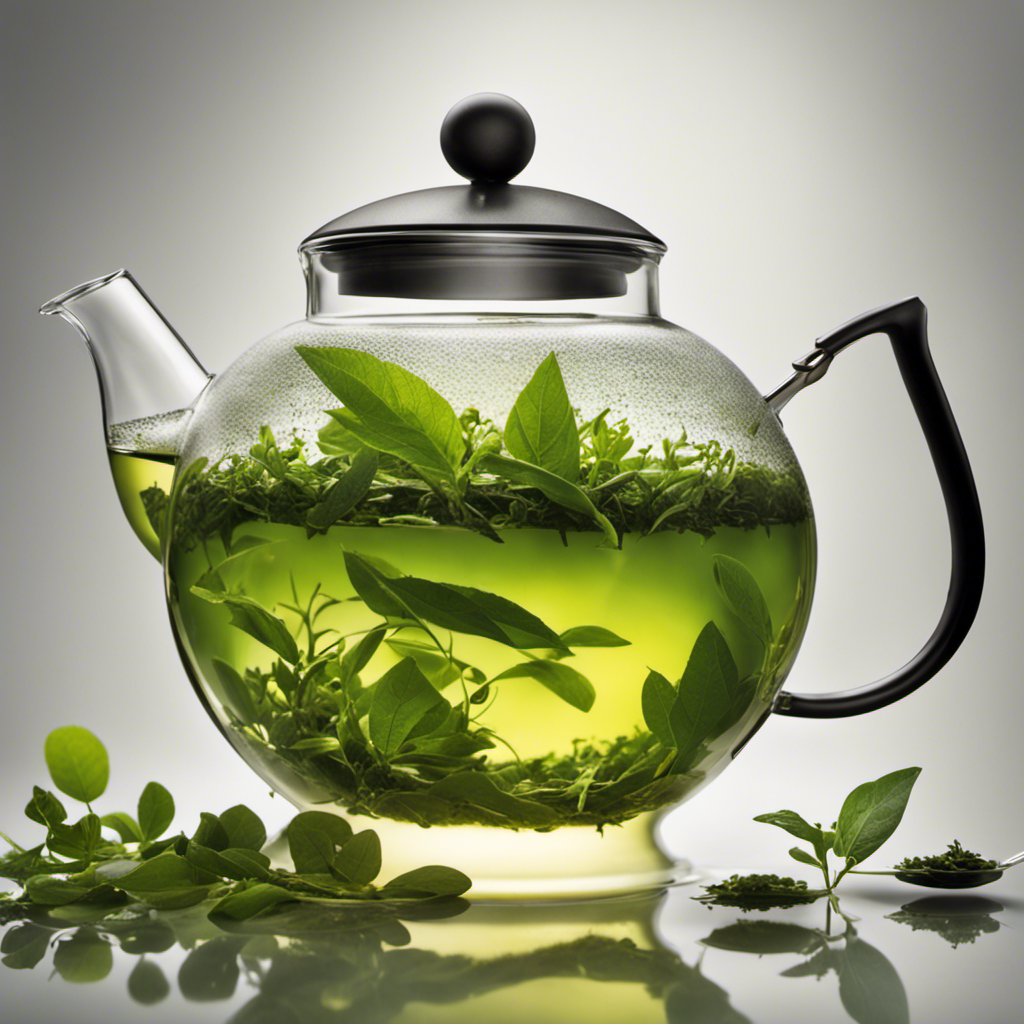 An image showcasing a glass teapot filled with vibrant green tea leaves, gently infusing in hot water