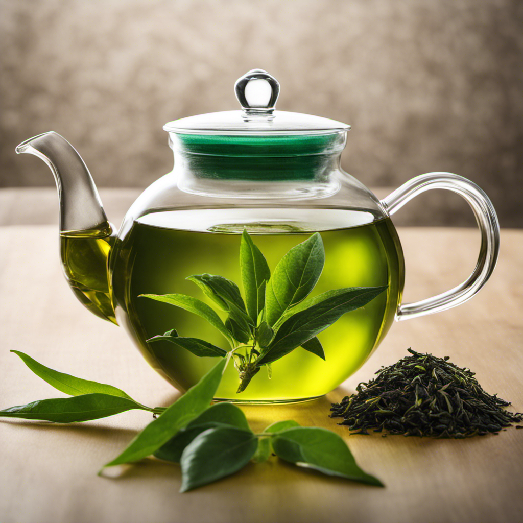 An image depicting a clear glass teapot filled with vibrant, emerald-green gunpowder green tea leaves delicately steeping in hot water for an optimal duration, ready to enhance the tangy fermentation of Kombucha