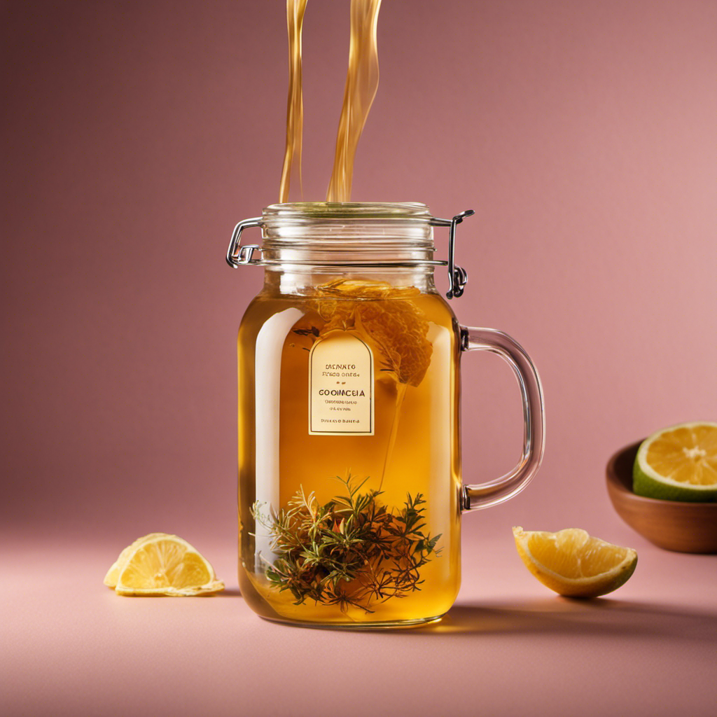An image showcasing a glass jar filled with a golden-hued kombucha tea, with a timer placed beside it, indicating the perfect steeping time