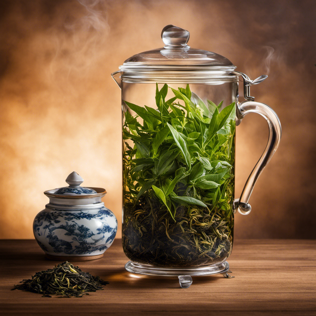 An image showcasing a glass jar filled with loose tea leaves immersed in steaming hot water