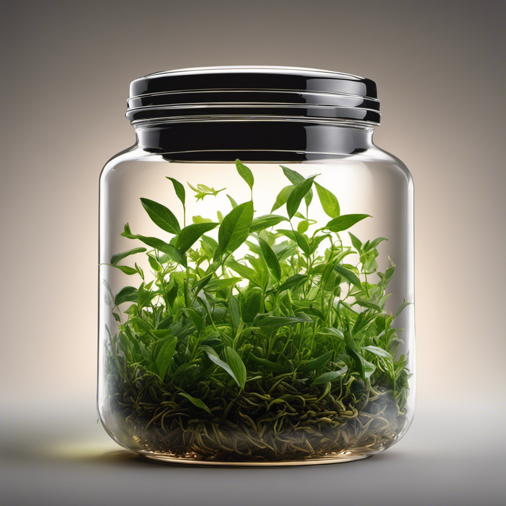 An image showcasing a glass jar filled with loose tea leaves immersed in steaming hot water