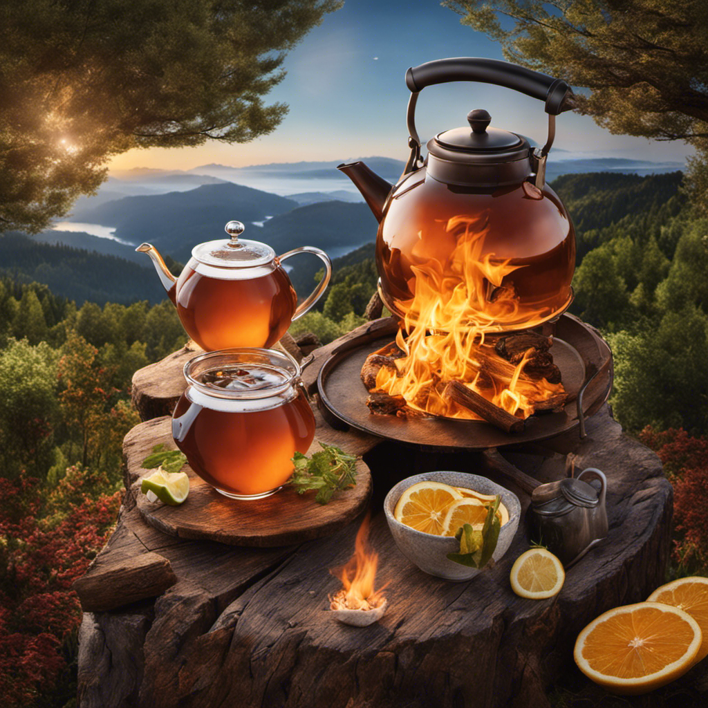An image capturing the essence of reviving Kombucha Campfire Tea: A steaming kettle atop a crackling campfire, surrounded by aromatic herbs and a teapot pouring the rejuvenating liquid into a cup