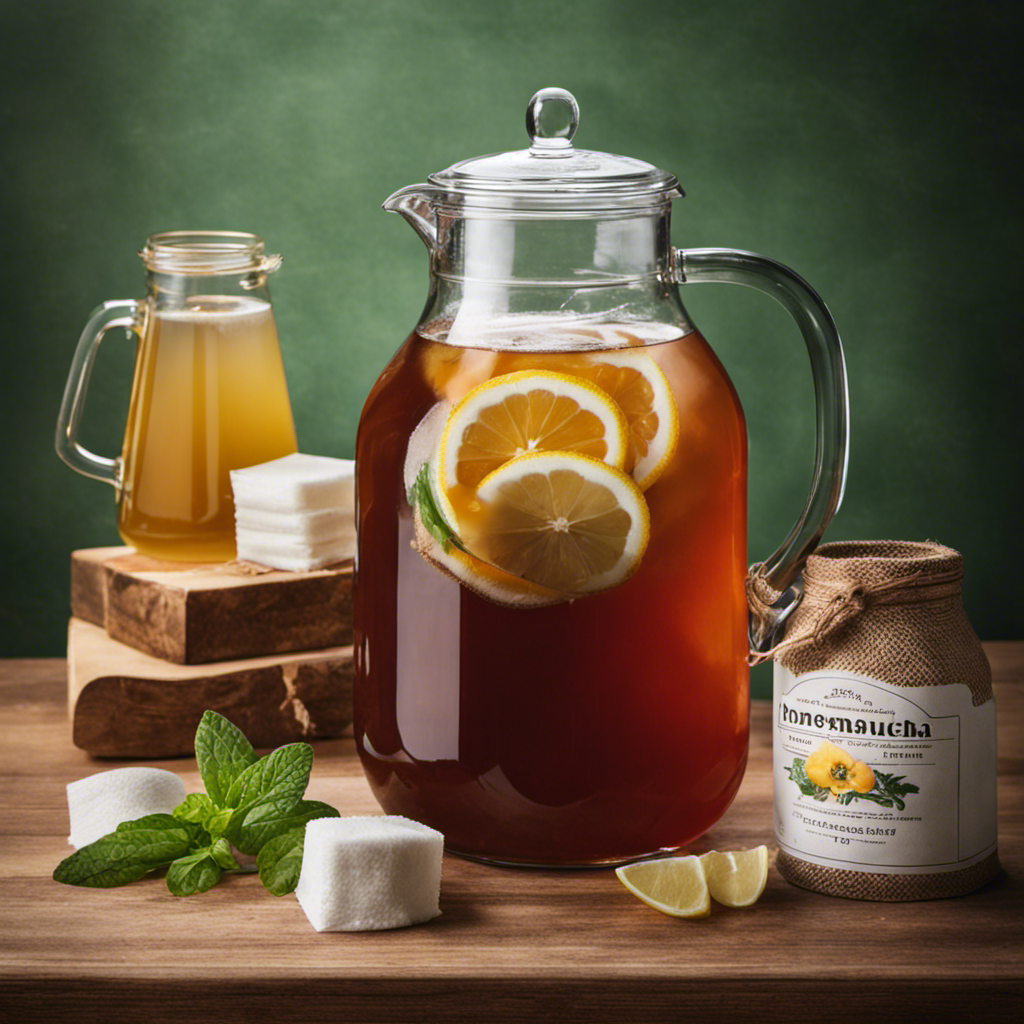 An image showcasing a glass pitcher filled with a vibrant gallon of homemade kombucha, accompanied by a neatly arranged stack of tea bags representing the precise number required to brew the perfect batch