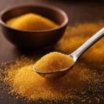 An image showcasing a close-up view of a measuring spoon filled with precisely measured 1 tablespoon of golden-hued Turbinado sugar
