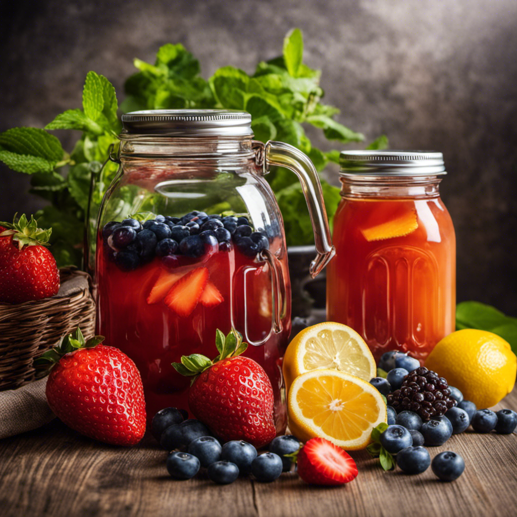 An image showcasing a glass jar filled with homemade kombucha tea, surrounded by fresh fruits like strawberries, lemons, and blueberries