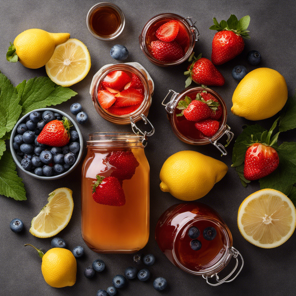 An image showcasing a glass jar filled with homemade kombucha tea, surrounded by fresh fruits like strawberries, lemons, and blueberries