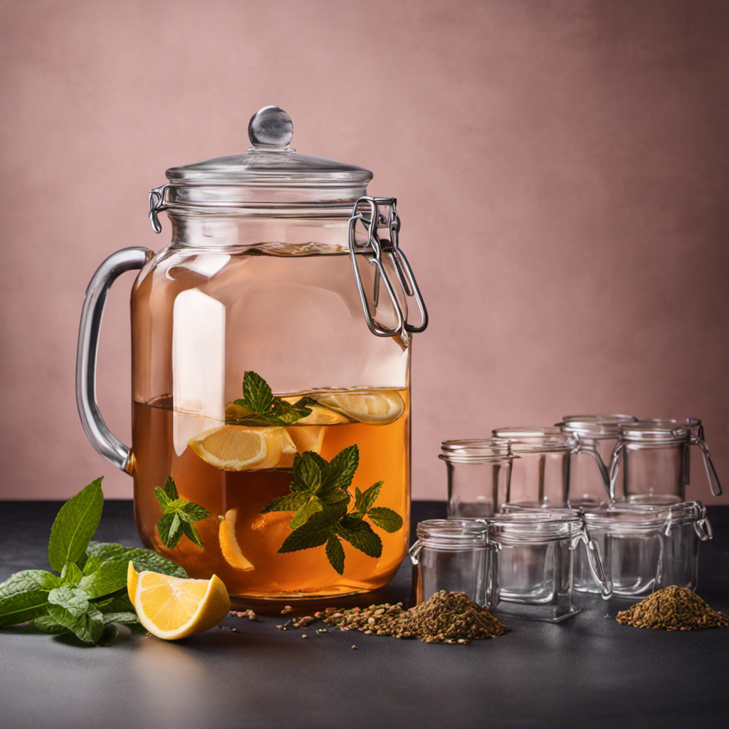 An image showcasing a glass jar filled with 8 cups of water, accompanied by a separate measuring cup pouring 4 cups of brewed tea into the jar, emphasizing the process of making Kombucha tea