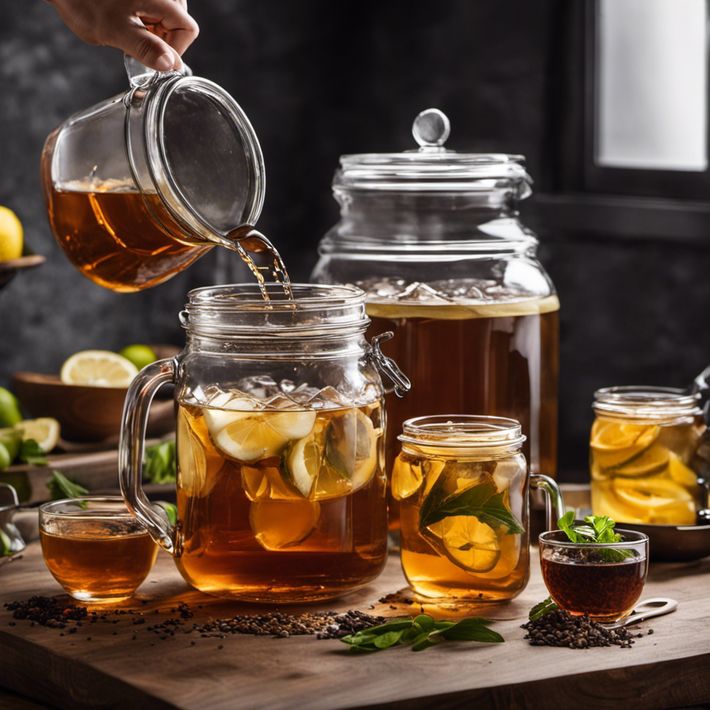 An image showcasing a glass jar filled with 8 cups of water, accompanied by a separate measuring cup pouring 4 cups of brewed tea into the jar, emphasizing the process of making Kombucha tea