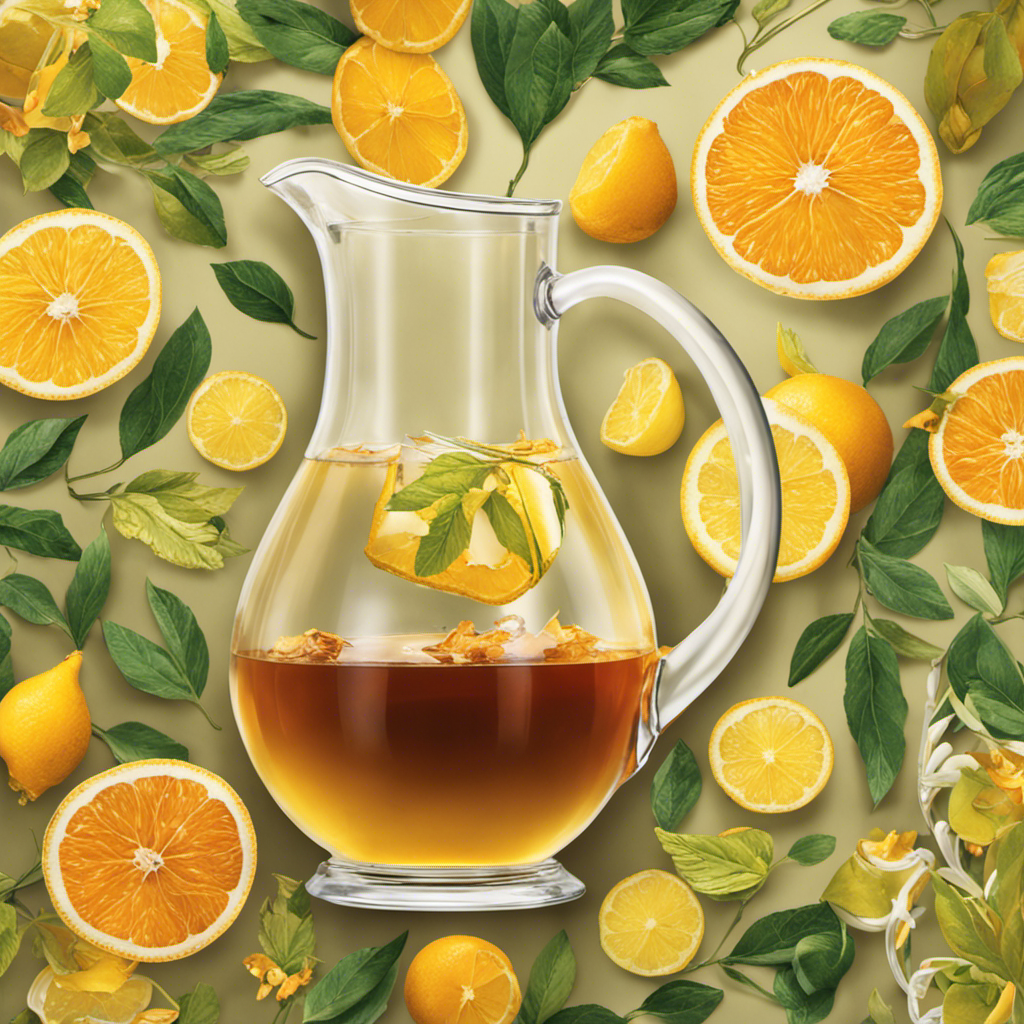 An image showcasing a glass pitcher filled with cold, golden-hued kombucha