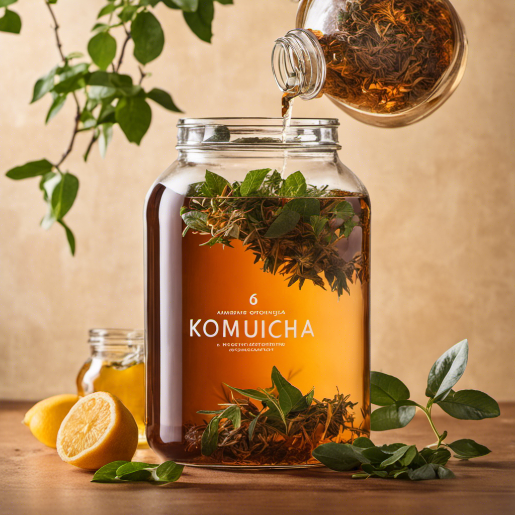 An image showcasing a glass jar filled with 1 gallon of homemade kombucha, with loose tea leaves measuring precisely 38 grams, beautifully steeped and floating in the amber liquid