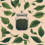 An image showcasing a glass jar filled with precisely measured loose tea leaves, gracefully falling into a brewing vessel filled with clear liquid, illustrating the perfect ratio of tea to kombucha