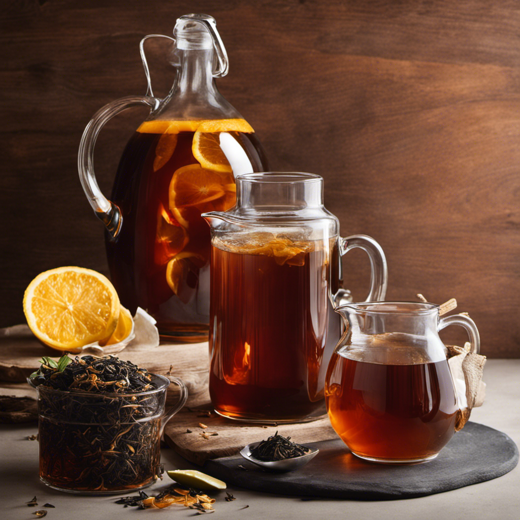 An image showcasing a clear glass gallon jug filled with effervescent amber liquid, elegantly displaying the rich hues of black tea