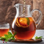 An image depicting a glass pitcher filled with freshly brewed kombucha, surrounded by vibrant loose leaf tea leaves