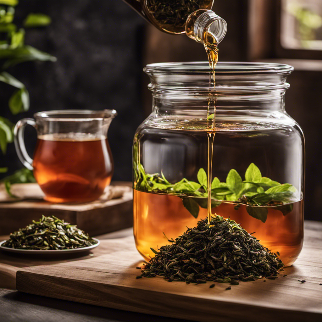 An image showcasing a precise measurement of loose tea leaves being poured into a glass jar, while a gallon-sized container fills with freshly brewed kombucha in the background
