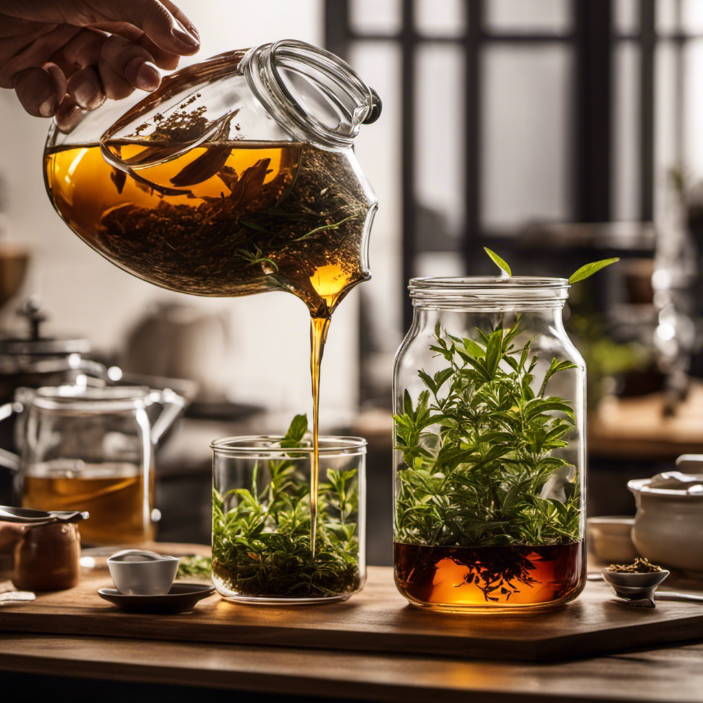 An image showcasing a precise measurement of loose tea leaves being poured into a glass jar, while a gallon-sized container fills with freshly brewed kombucha in the background